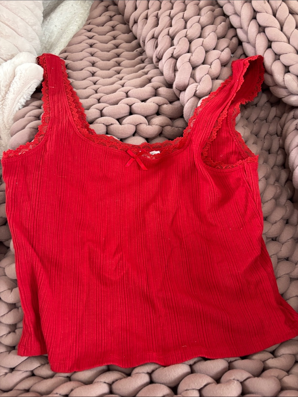 Garage Red Ribbed Lace-Trim Tank Top